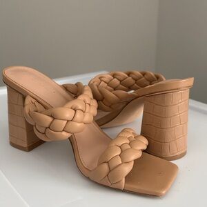 Elegant Tan Braided Block Heel Sandals